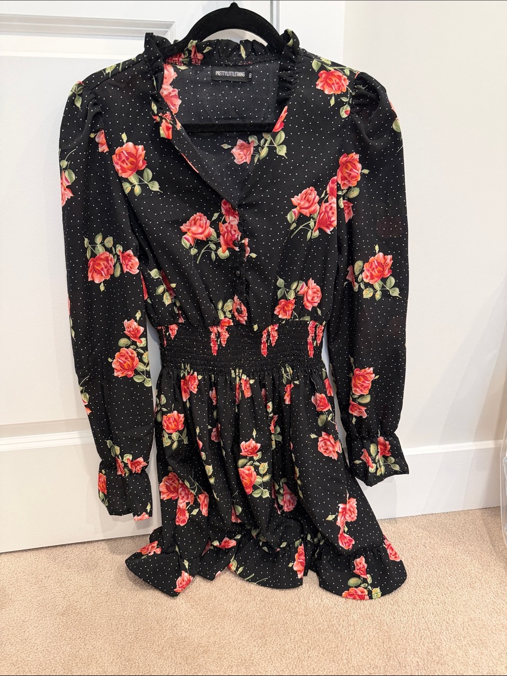 PrettyLittleThing Black Rose Print Long Sleeve Smocked-Waist Dress